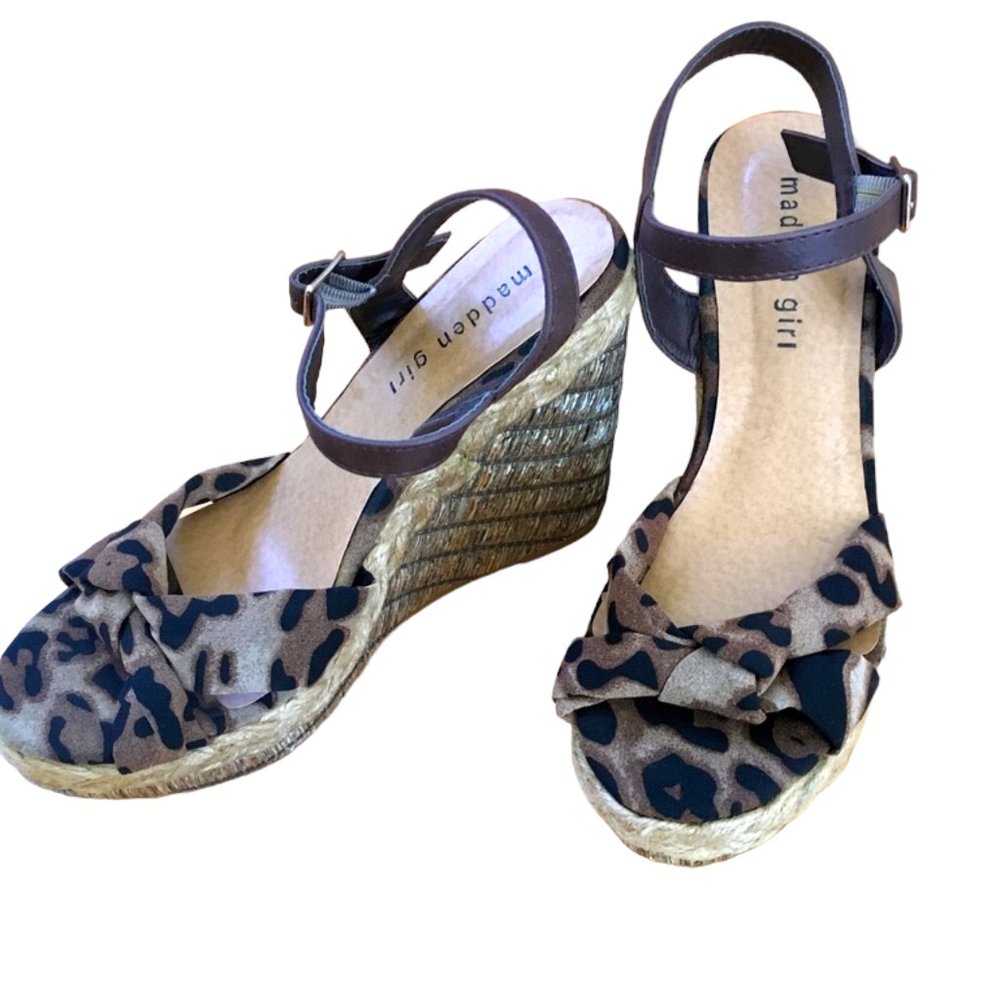 Madden Girl Endanger Leopard Brown PrintFabric Sandal Wedges Sz 8 #02